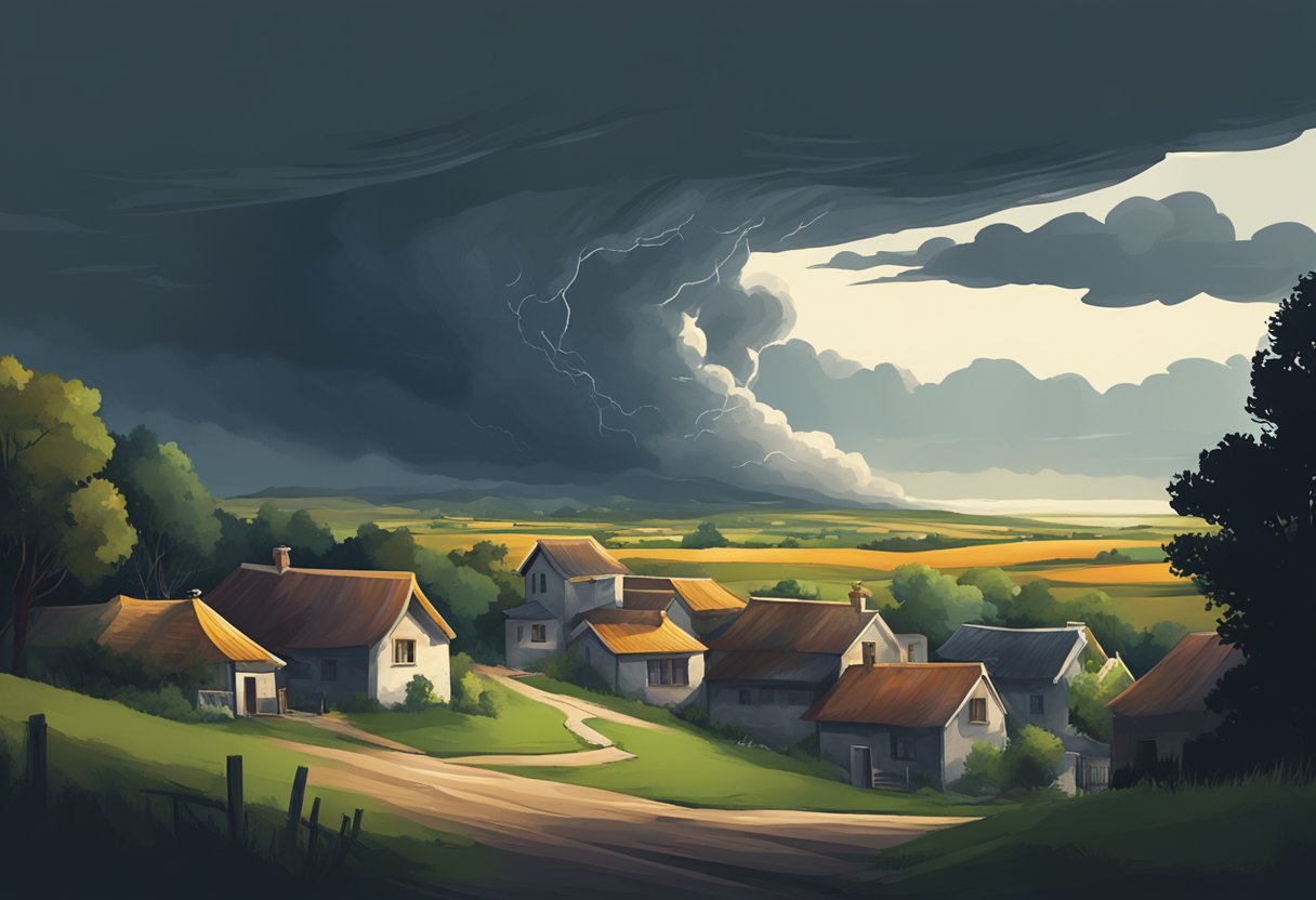 Nube di tempesta oscura che incombe su un villaggio pacifico