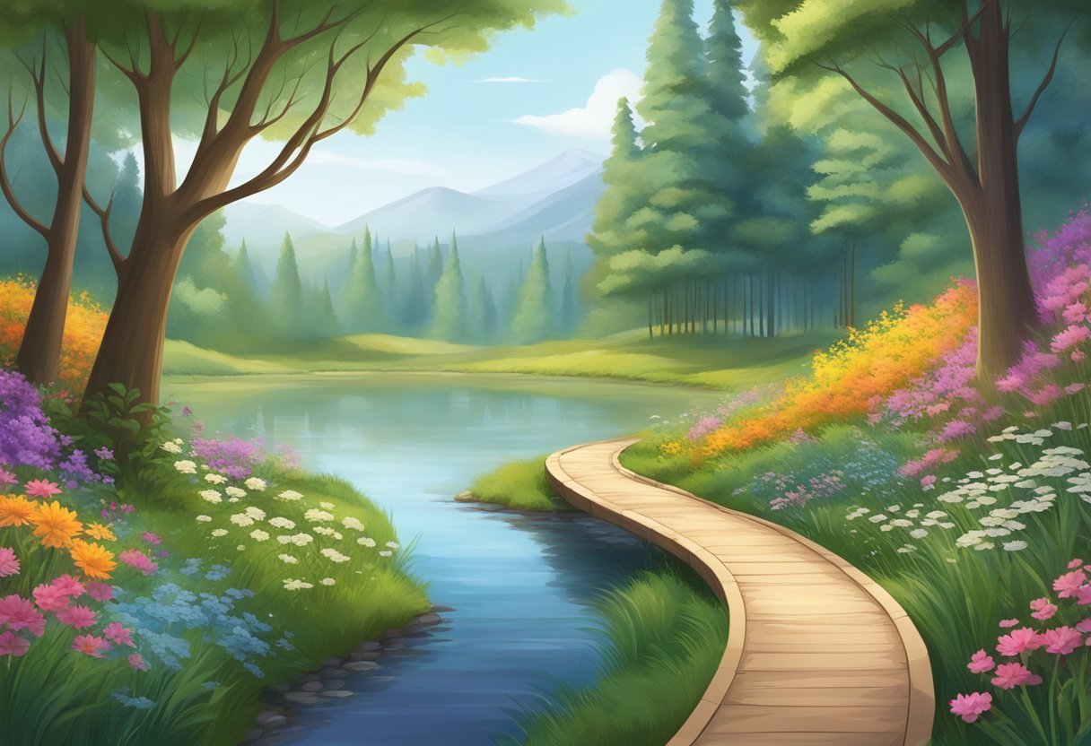 Foresta serena con sentiero tortuoso circondato da fiori selvatici colorati