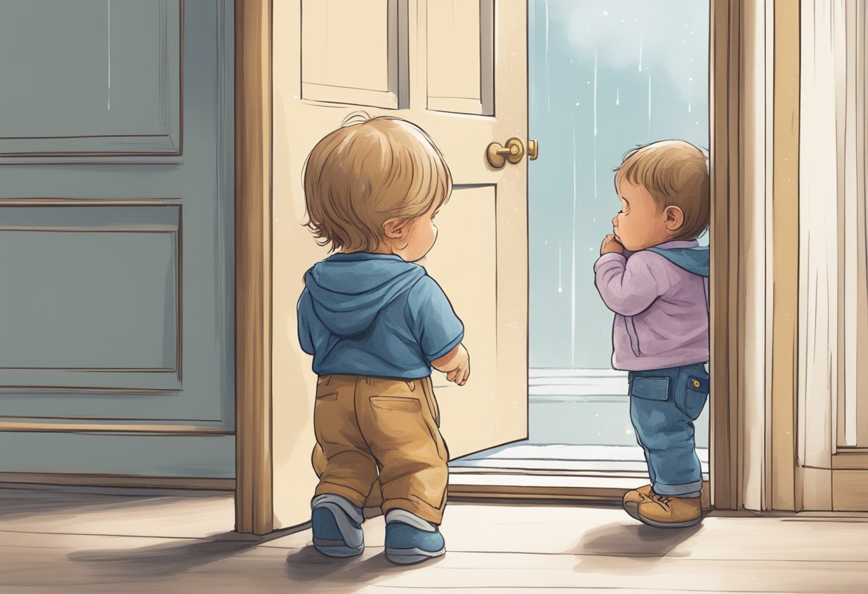 Bambino che stringe un peluche guardando con tristezza una porta chiusa