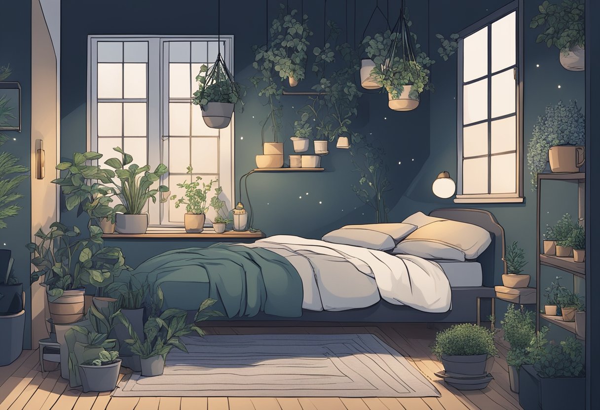 Camera da letto serena con luce soffusa e elementi rilassanti per combattere l'ansia notturna