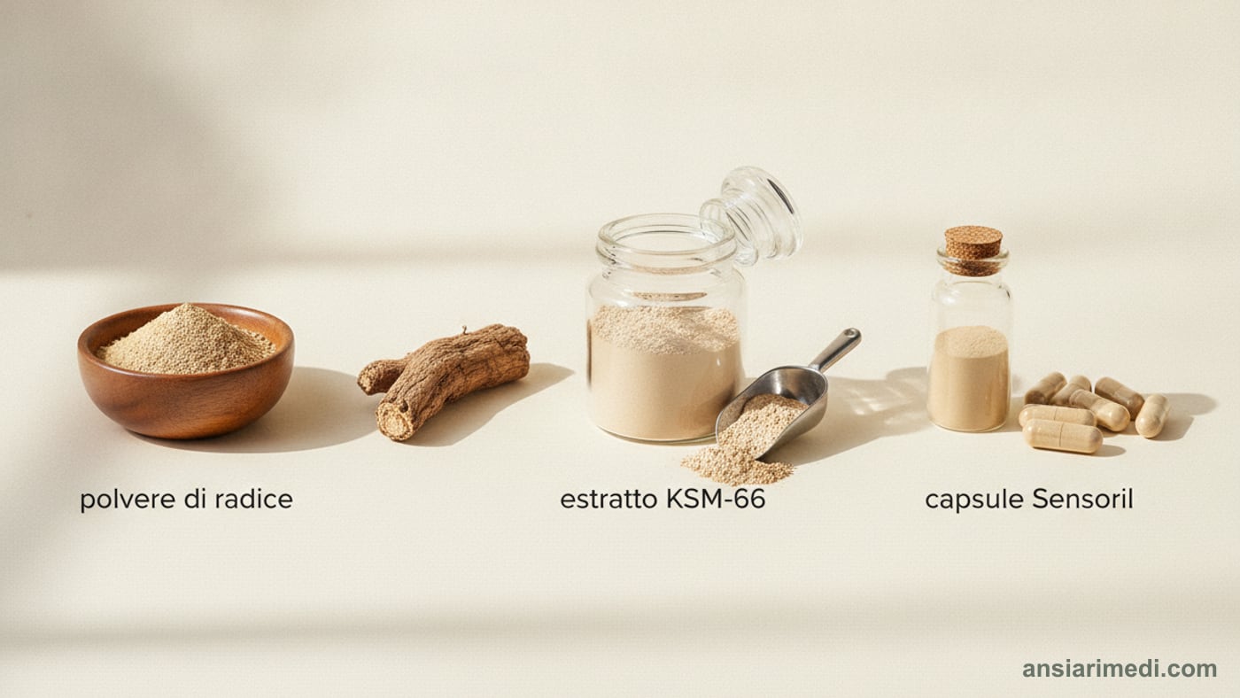 Le tre forme di ashwagandha a confronto: polvere di radice grezza in una ciotola, estratto standardizzato KSM-66 in un barattolo e capsule di Sensoril accanto a un flacone