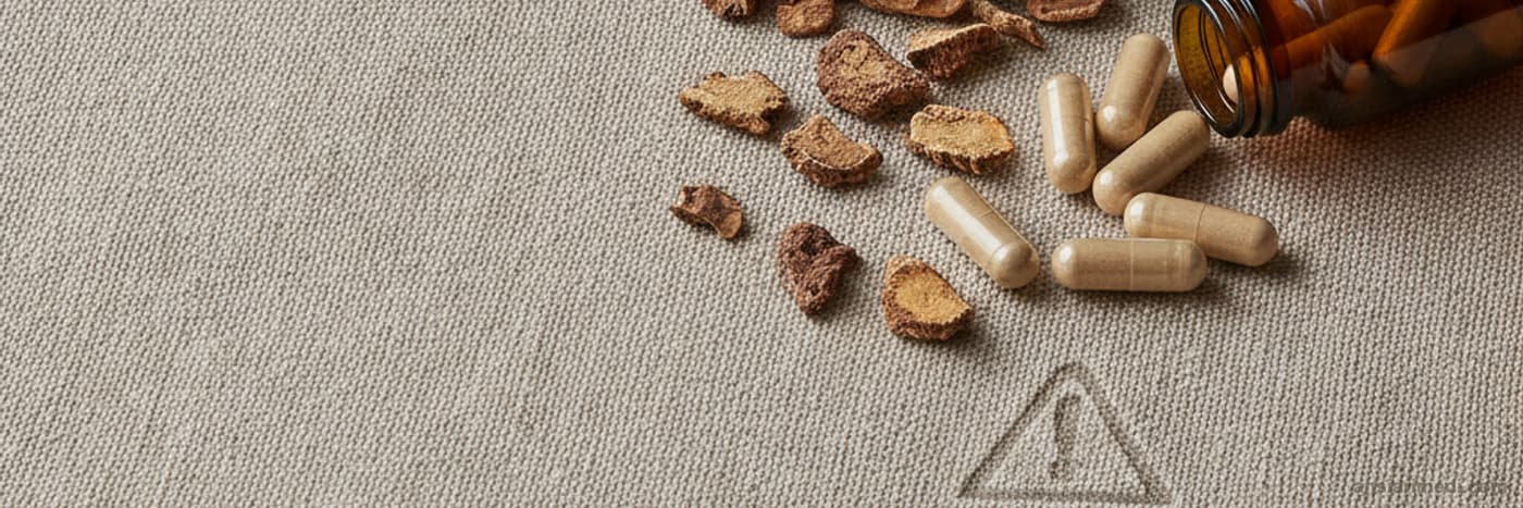 Radice e capsule di ashwagandha accanto a un segnale di attenzione, a rappresentare gli effetti collaterali e le controindicazioni dell'integratore