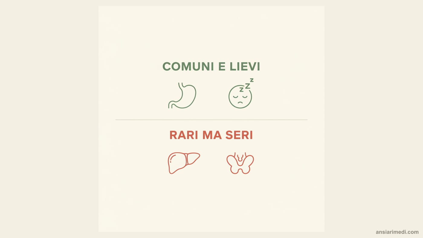 Panoramica degli effetti collaterali dell'ashwagandha suddivisi per gravità: disturbi gastrointestinali e sonnolenza tra gli effetti comuni e lievi, epatotossicità e alterazioni tiroidee tra i rischi rari ma seri