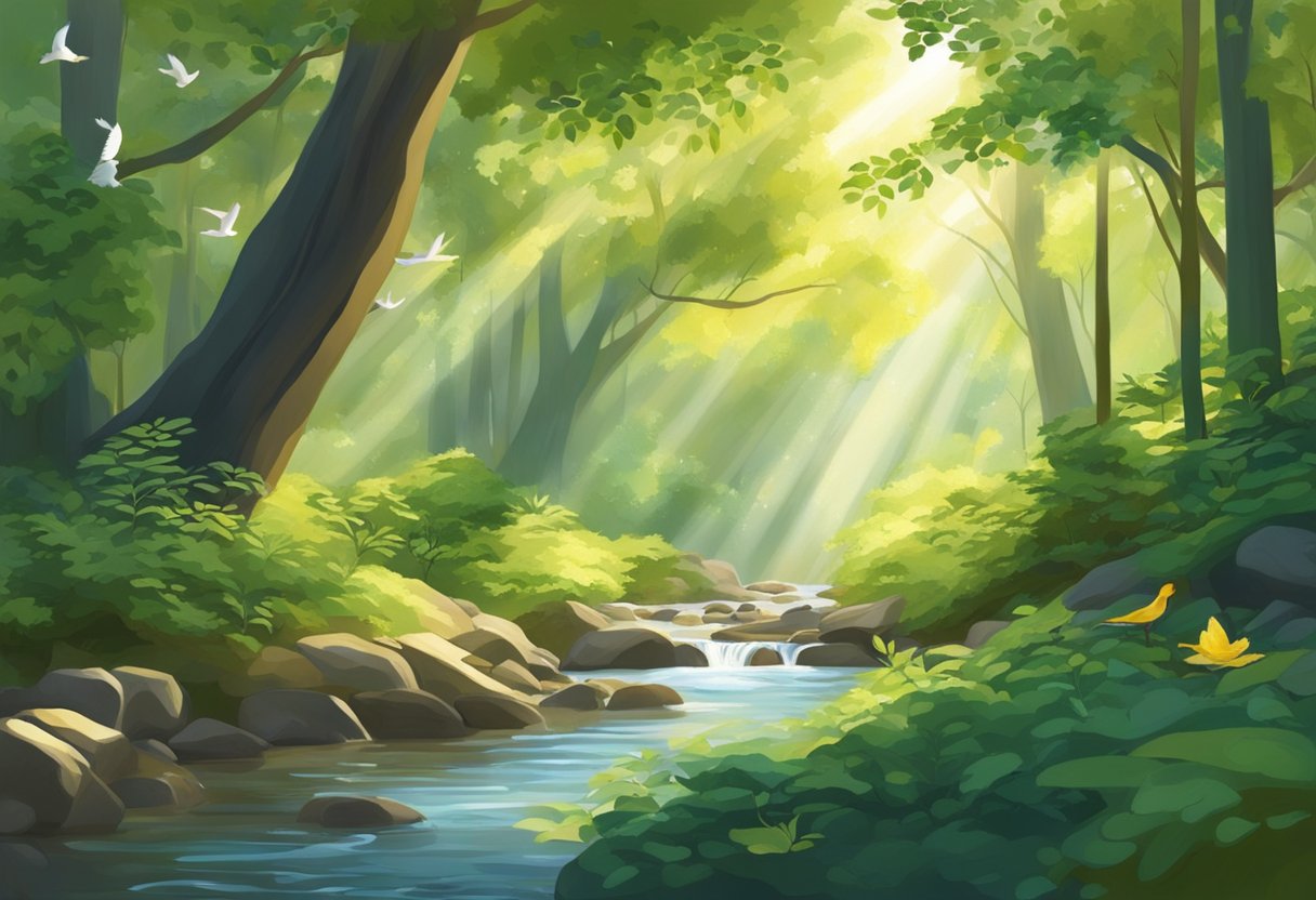 Foresta tranquilla con luce del sole che filtra tra le foglie e ruscello pacifico