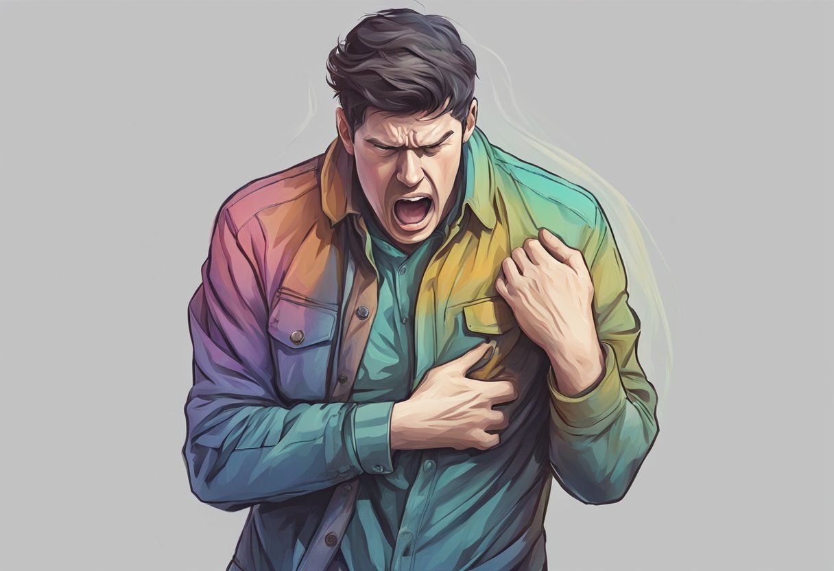 Persona che si tiene il petto con espressione di panico per difficolta respiratorie