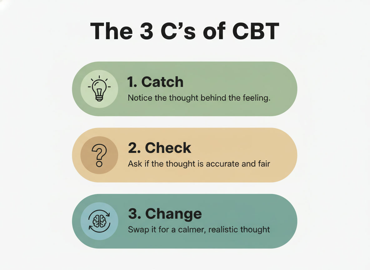 Poster cognitivo comportamentale psicoterapia che mostra le 3 C di TCC: abilità di coping e strategie per la salute mentale