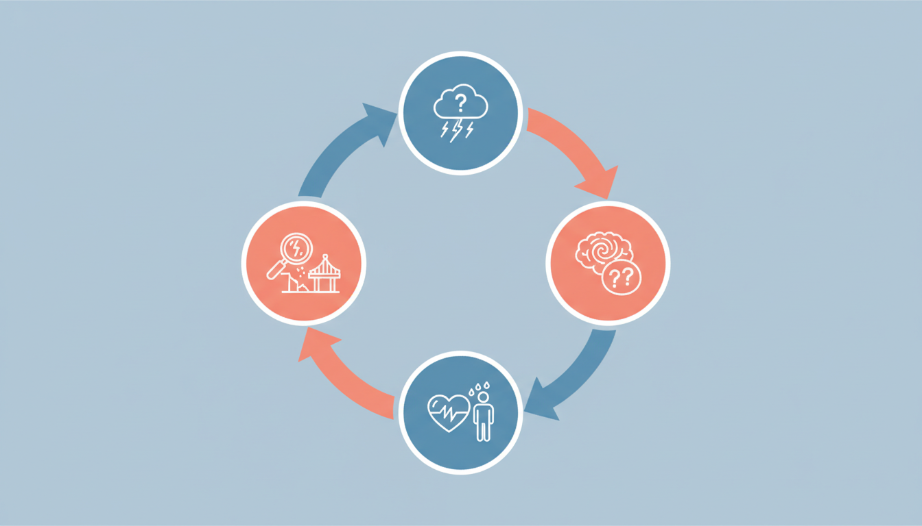 Diagramma circolare che mostra il ciclo del panico dal fattore scatenante ai pensieri ansiosi, dai sintomi fisici all'interpretazione catastrofica