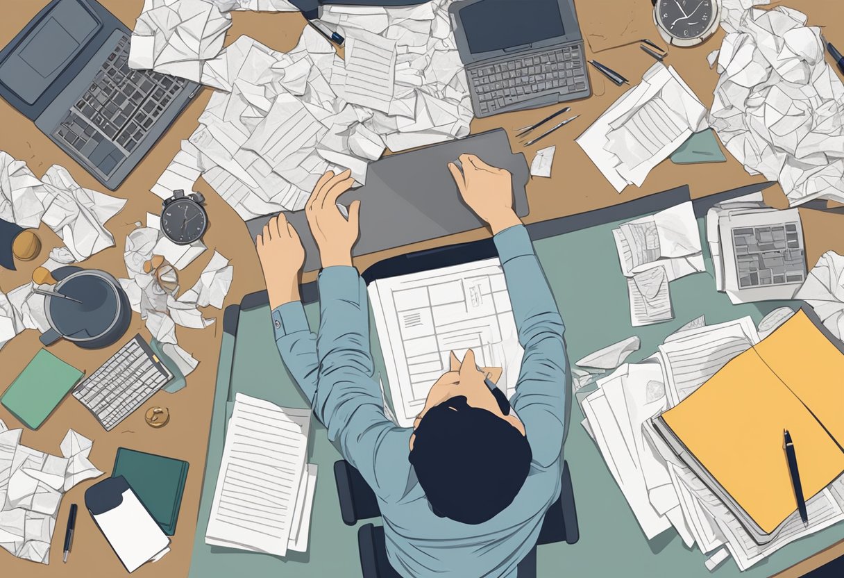 Persona alla scrivania con documenti che compila un test di autovalutazione per ansia e stress